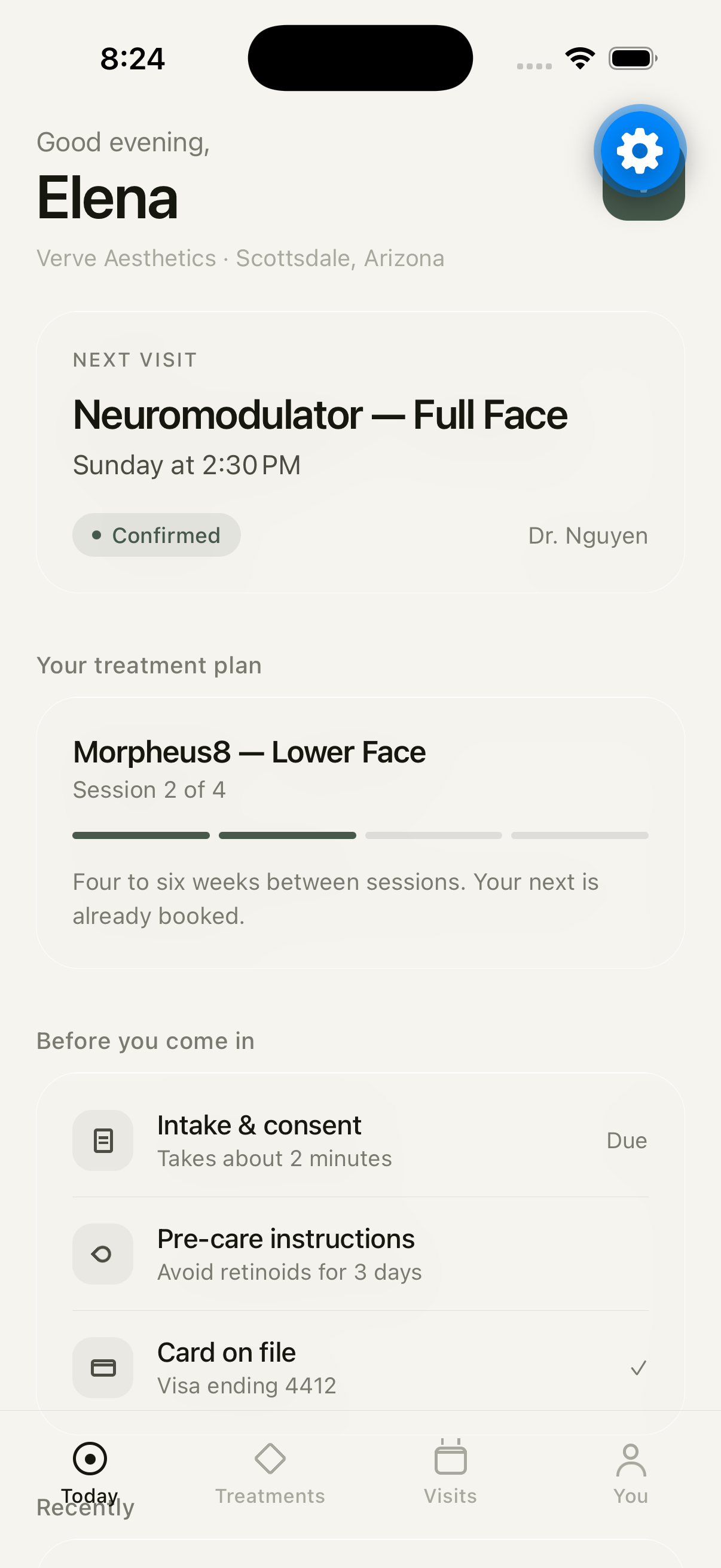 App home screen showing a customer's next appointment and treatment plan